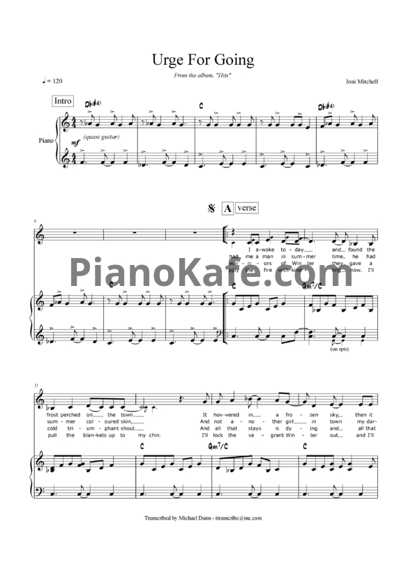 Ноты Joni Mitchell - Urge for going - PianoKafe.com