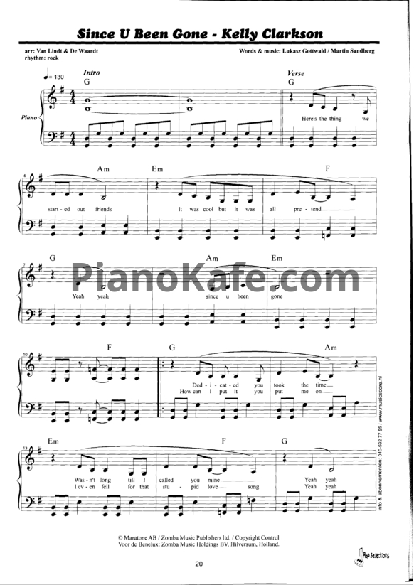 Ноты Kelly Clarkson - Since you been gone - PianoKafe.com