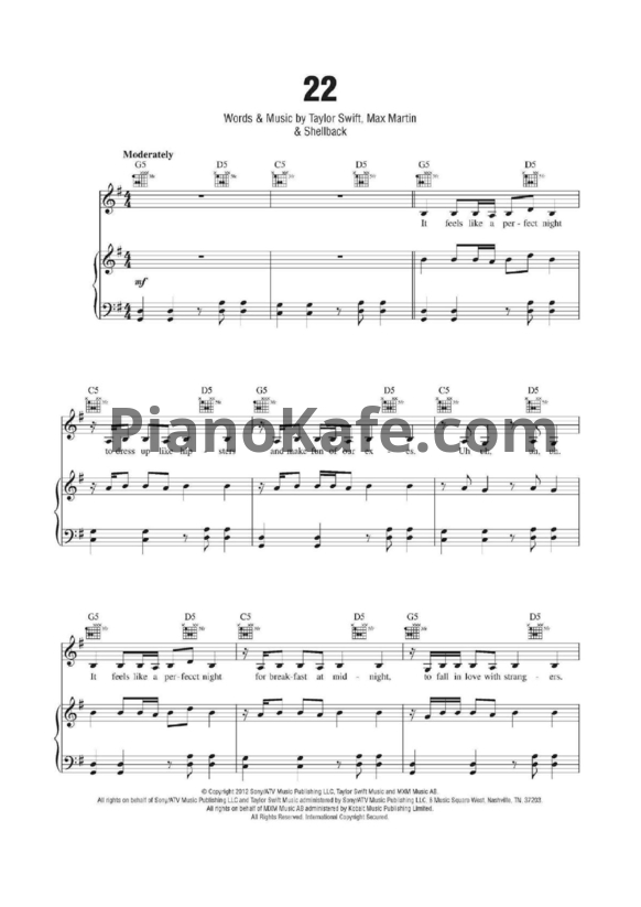 Ноты Taylor Swift - 22 - PianoKafe.com