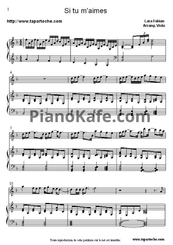 Ноты Lara Fabian - Si tu m'aimes - PianoKafe.com