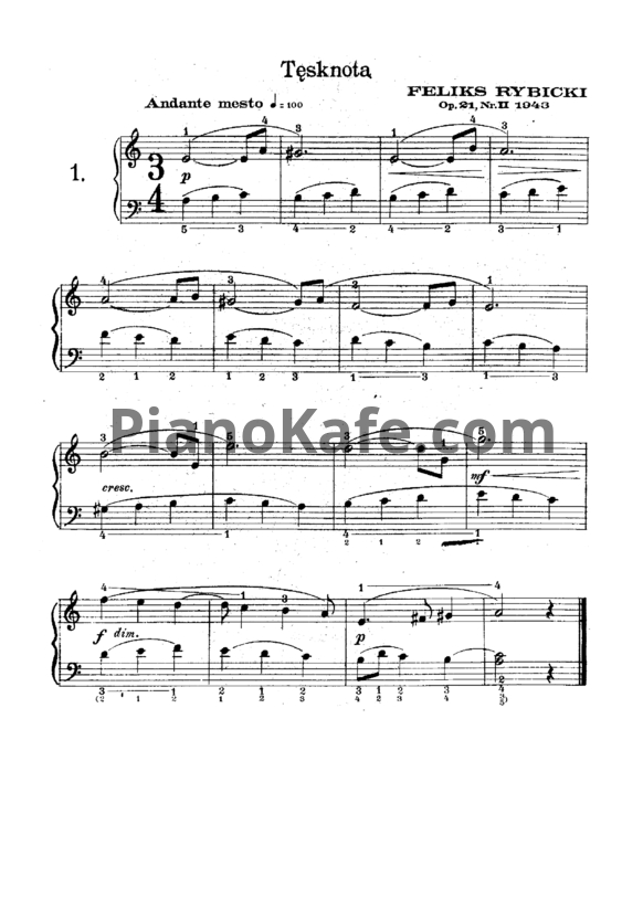 Ноты Ф. Рыбицкий - Tesnota (Тоска) Op. 21 №2 - PianoKafe.com