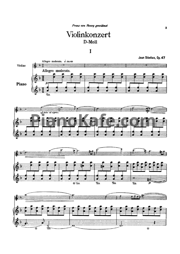 Ноты Ян Сибелиус - Концерт для скрипки с оркестром pе минор (Op. 47, клавир) - PianoKafe.com