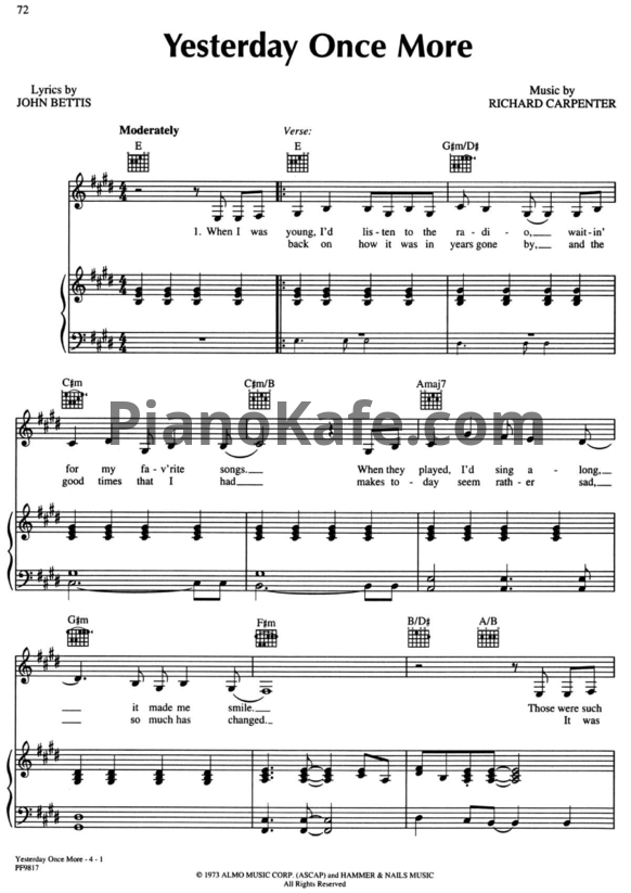 Ноты The Carpenters - Yesterday once more - PianoKafe.com