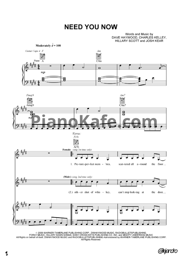 Ноты Lady Antebellum - Need you now (Книга нот) - PianoKafe.com