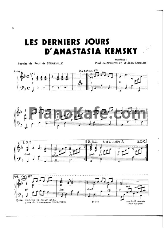 Ноты Paul de Senneville - Les derniers jours d'anastasia kemsky - PianoKafe.com