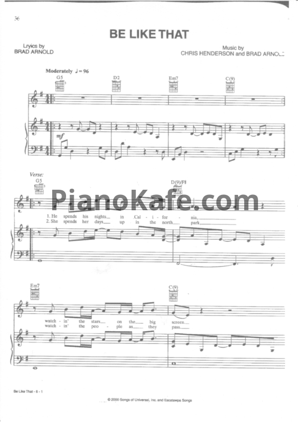 Ноты 3 Doors Down - Be like that - PianoKafe.com