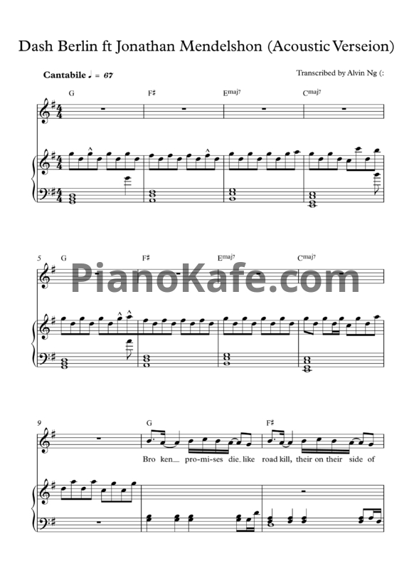 Ноты Dash Berlin feat. Jonathan Mendelsohn - Better half of me - PianoKafe.com