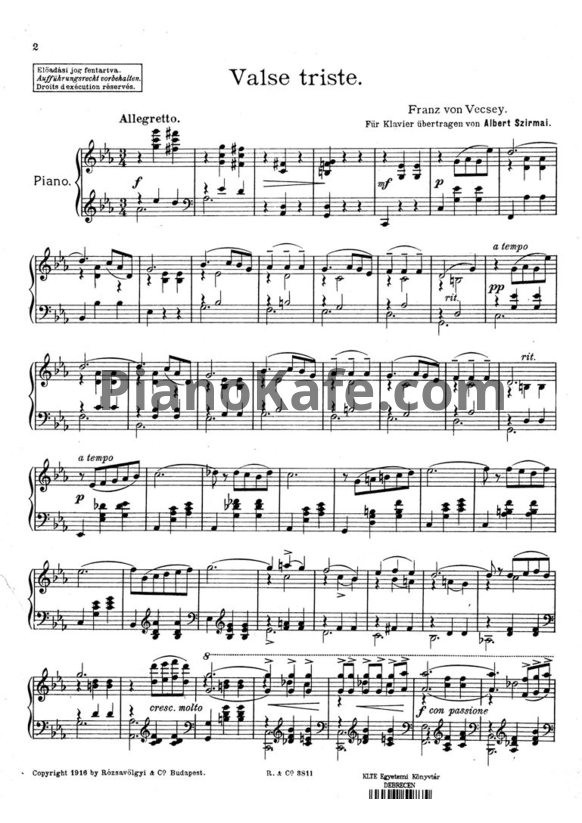 Ноты Ferenc de Vecsey - Valse triste - PianoKafe.com