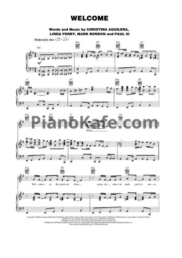 Ноты Christina Aguilera - Welcome - PianoKafe.com