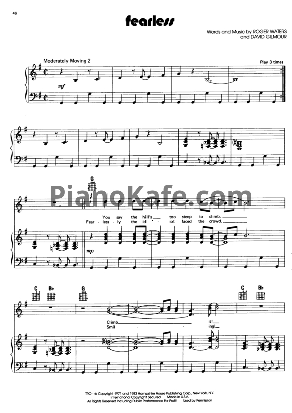 Ноты Pink Floyd - Fearless - PianoKafe.com