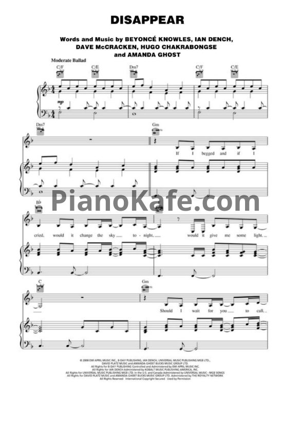 Ноты Beyonce - Disappear - PianoKafe.com