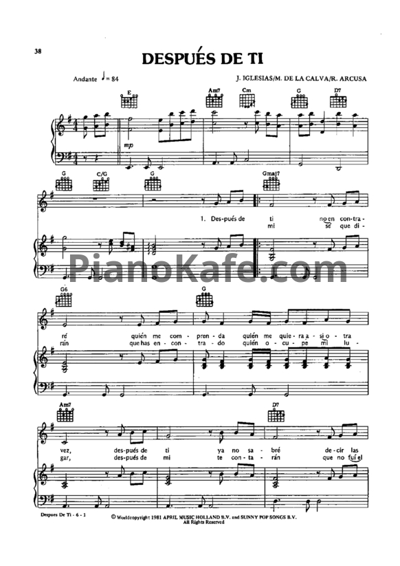 Ноты Julio Iglesias - Despues de ti - PianoKafe.com
