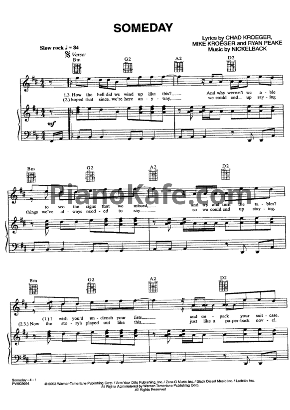 Ноты Nickelback - Someday - PianoKafe.com