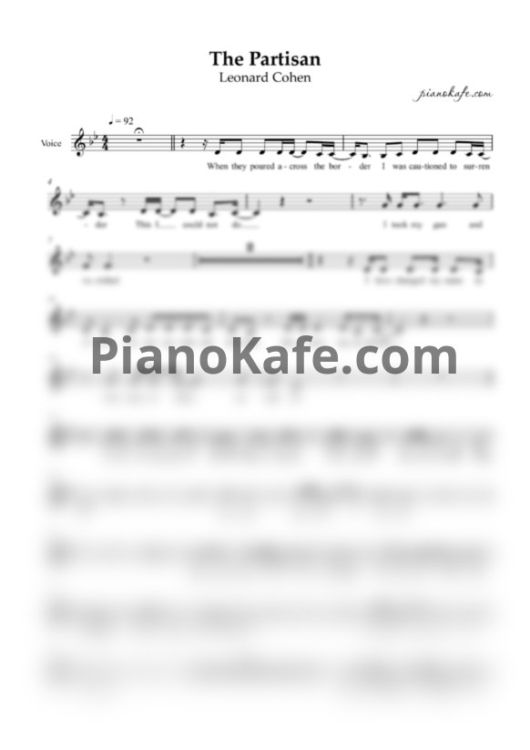 Ноты Leonard Cohen - The Partisan (Вокальная партия) - PianoKafe.com