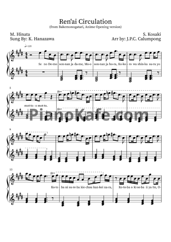 Ноты Kana Hanazawa - Renai Circulation (Anime Opening version) - PianoKafe.com