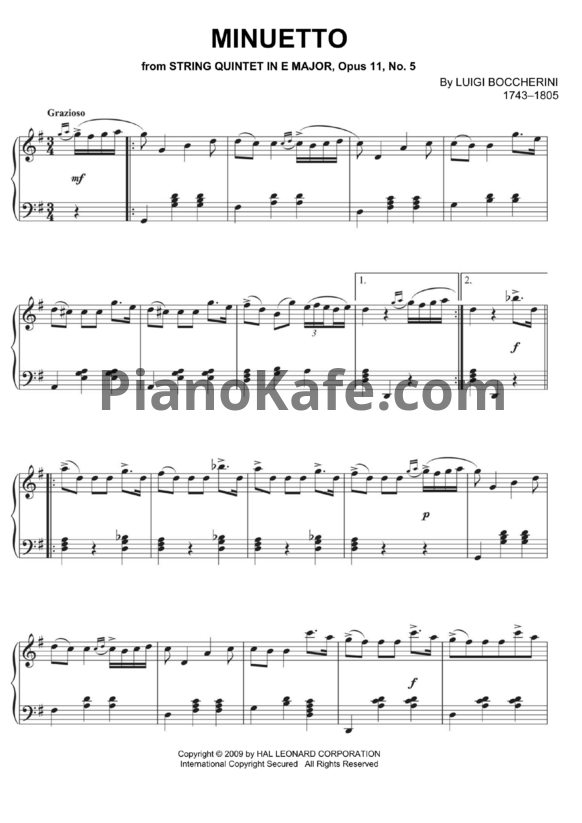 Ноты Luigi Boccherini - Менуэт (Op. 11, №5) - PianoKafe.com