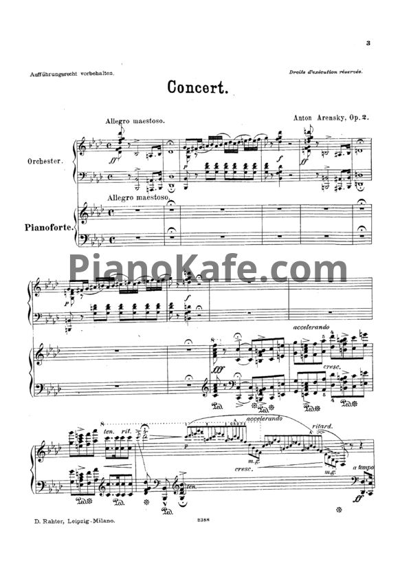Ноты Антон Аренский - Концерт для фортепиано с оркестром фа минор (Op. 2) - PianoKafe.com