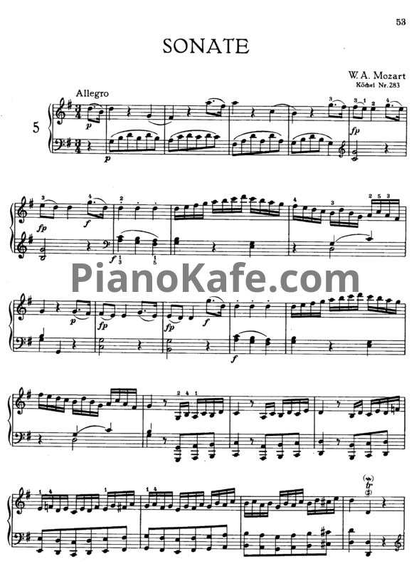 Ноты В. Моцарт - Соната №5 соль мажор (К. 283) - PianoKafe.com