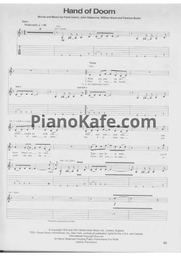 Ноты Black Sabbath - Hand of doom (Guitar tabs & Voice) - PianoKafe.com