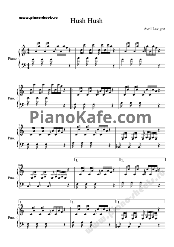 Ноты Avril Lavigne - Hush hush - PianoKafe.com