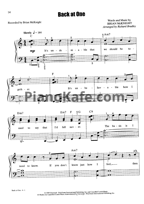 Ноты Brian McKnight - Back at one (Piano solo) - PianoKafe.com
