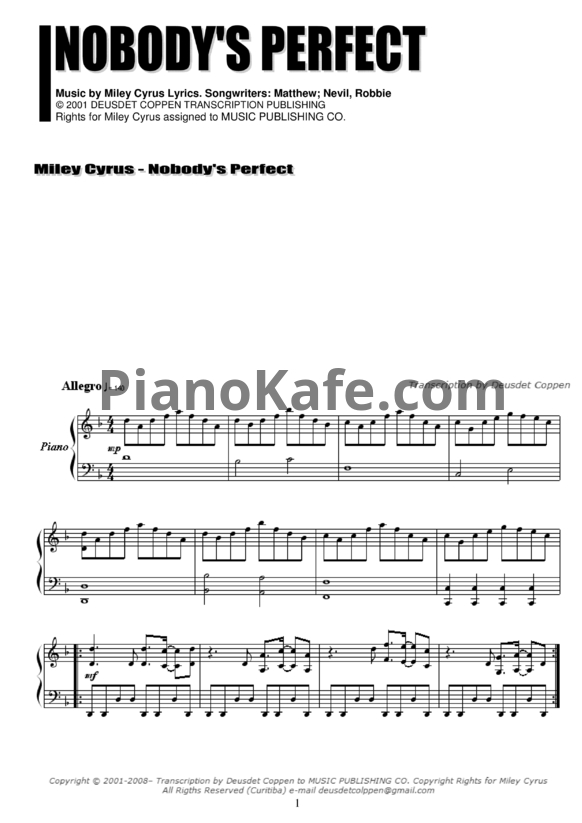 Ноты Miley Cyrus - Nobody's perfect - PianoKafe.com
