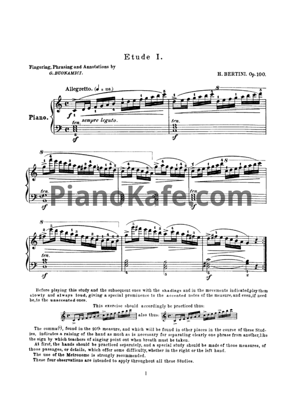 Ноты А. Бертини - 25 лёгких этюдов для фортепиано (Op. 100) - PianoKafe.com
