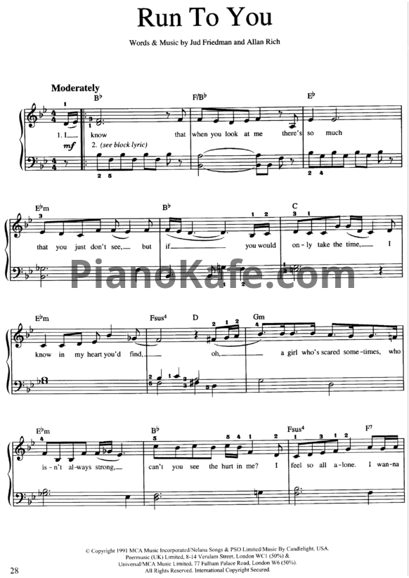 Ноты Whitney Houston - Run to you - PianoKafe.com