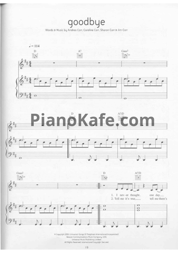 Ноты The Corrs - Goodbye - PianoKafe.com