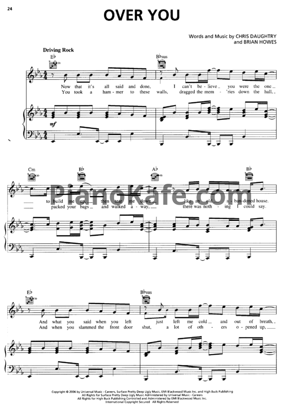 Ноты Daughtry - Over you - PianoKafe.com