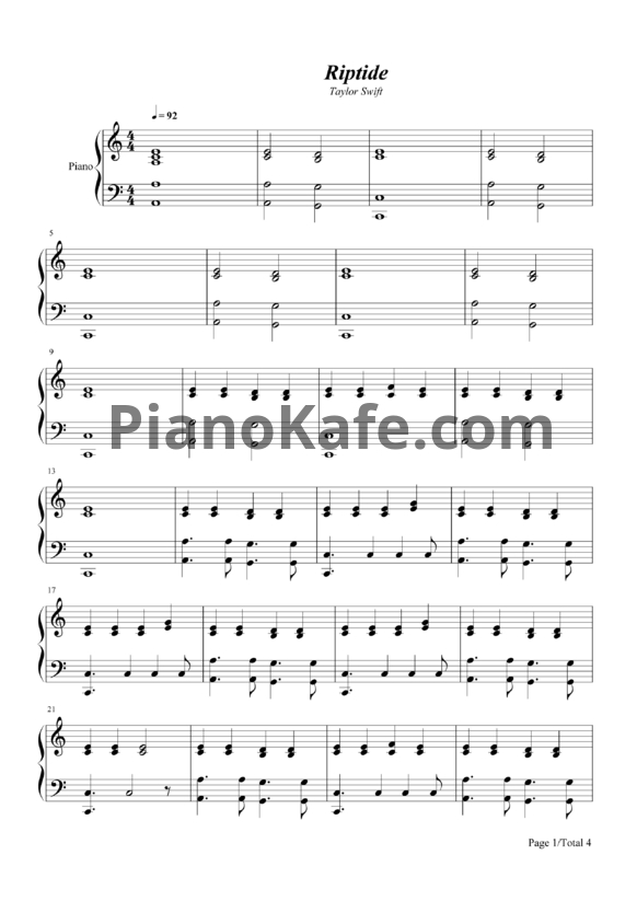 Ноты Taylor Swift - Riptide - PianoKafe.com