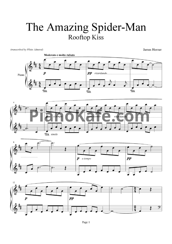 Ноты James Horner - The Amazing Spiderman (Rooftop Kiss) - PianoKafe.com