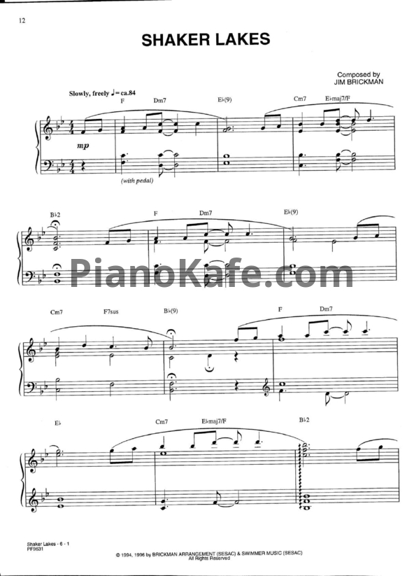 Ноты Jim Brickman - Shaker lakes - PianoKafe.com