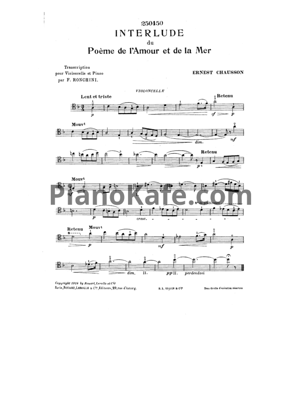 Ноты Эрнест Шоссон - Интерлюдия (Op. 19, №1а, Виолончель) - PianoKafe.com