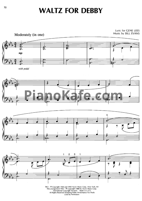 Ноты Bill Evans - Waltz for debby (Piano solo) - PianoKafe.com