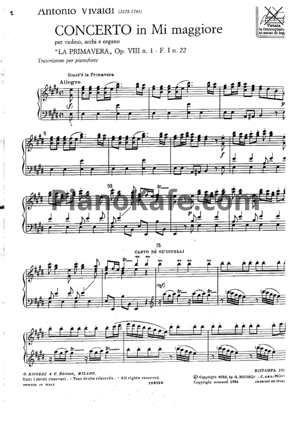 Ноты Антонио Вивальди - Концерт ми мажор "La Primavera" (Op. 8) - PianoKafe.com