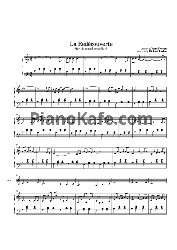 Ноты Yann Tiersen - La redécouverte (for piano and accordion) - PianoKafe.com