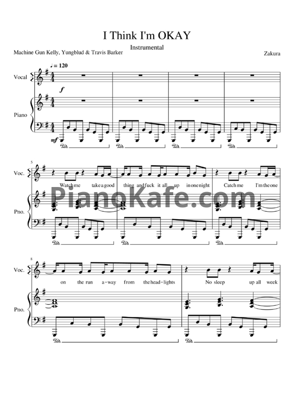 Ноты Machine Gun Kelly, YUNGBLUD, Travis Barker - I think I'm OKAY - PianoKafe.com