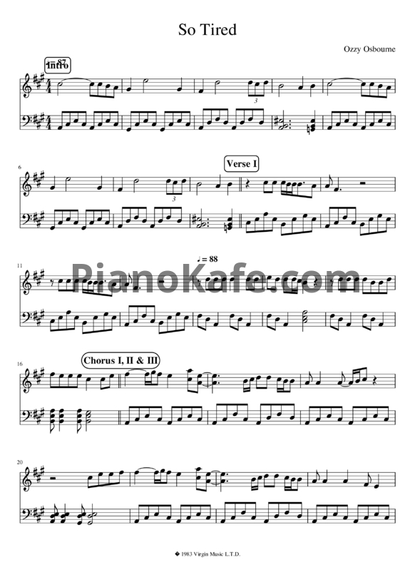 Ноты Ozzy Osbourne - So tired - PianoKafe.com