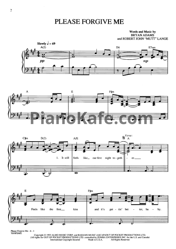 Ноты Bryan Adams - Please forgive me - PianoKafe.com