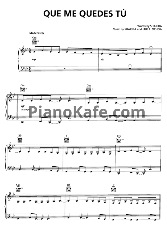 Ноты Shakira - Que me quedes tu - PianoKafe.com