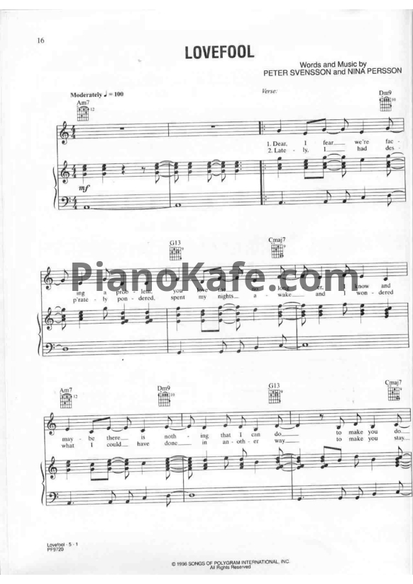 Ноты The Cardigans - Lovefool (Версия 2) - PianoKafe.com