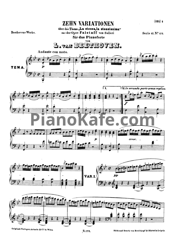 Ноты Л. В. Бетховен - 10 Вариаций для фортепиано на тему А. Сальери си-бемоль мажор (1799) (WOO 73) - PianoKafe.com