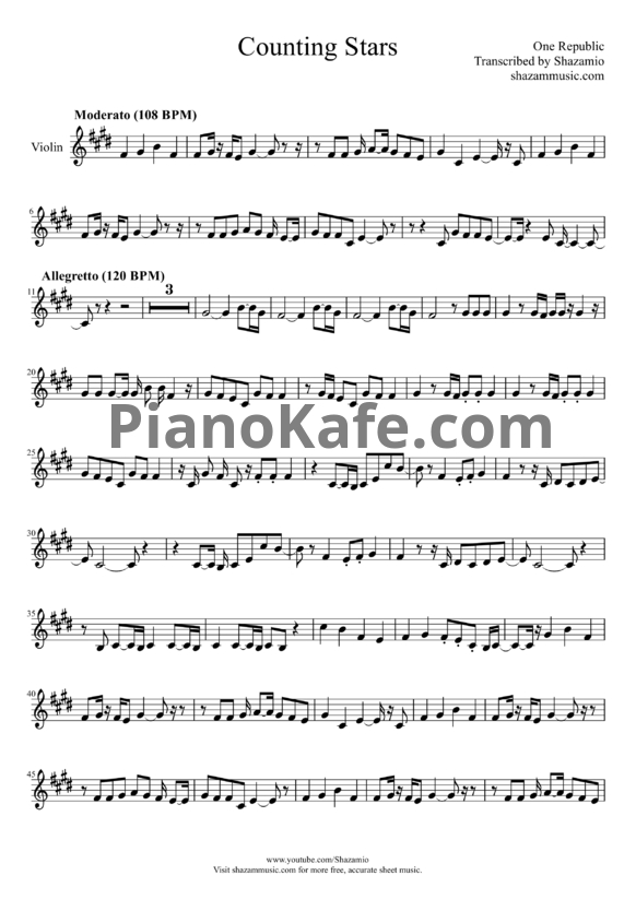Ноты One Republic - Counting stars (для скрипки) - PianoKafe.com