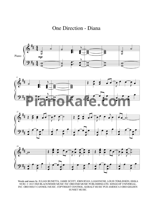 Ноты One Direction - Diana - PianoKafe.com