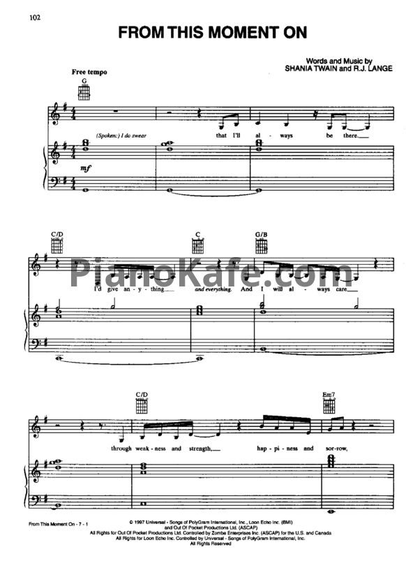 Ноты Shania Twain - From this moment on - PianoKafe.com
