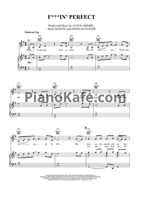 Ноты Pink - Fuckin' perfect (Версия 2) - PianoKafe.com