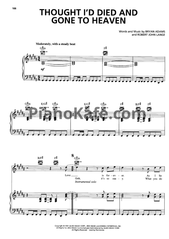 Ноты Bryan Adams - Thought I'd died and gone to heaven - PianoKafe.com