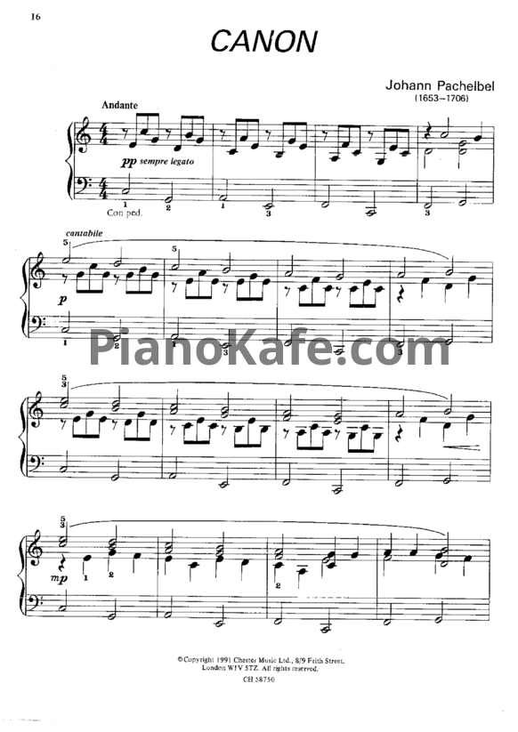 Ноты Иоганн Пахельбель - Канон ре мажор (Версия 3) - PianoKafe.com