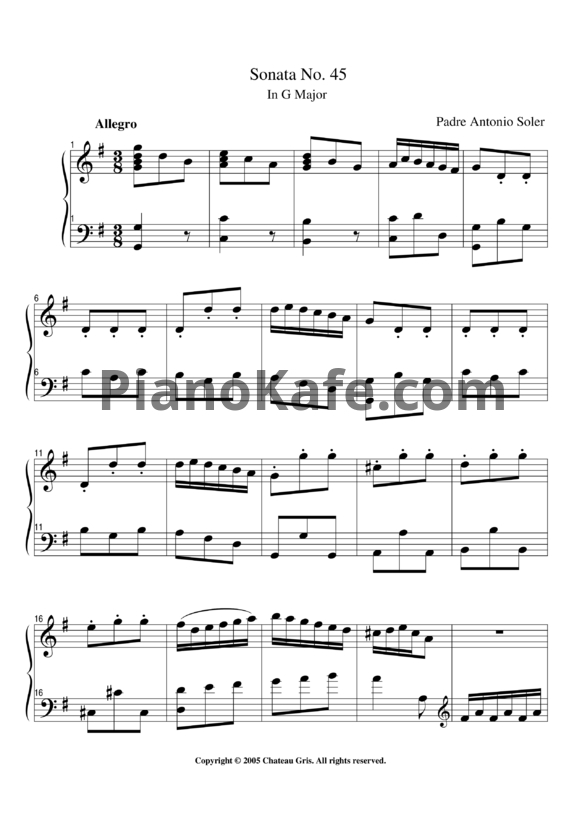 Ноты Antonio Soler - Sonata No. 45 in G major - PianoKafe.com